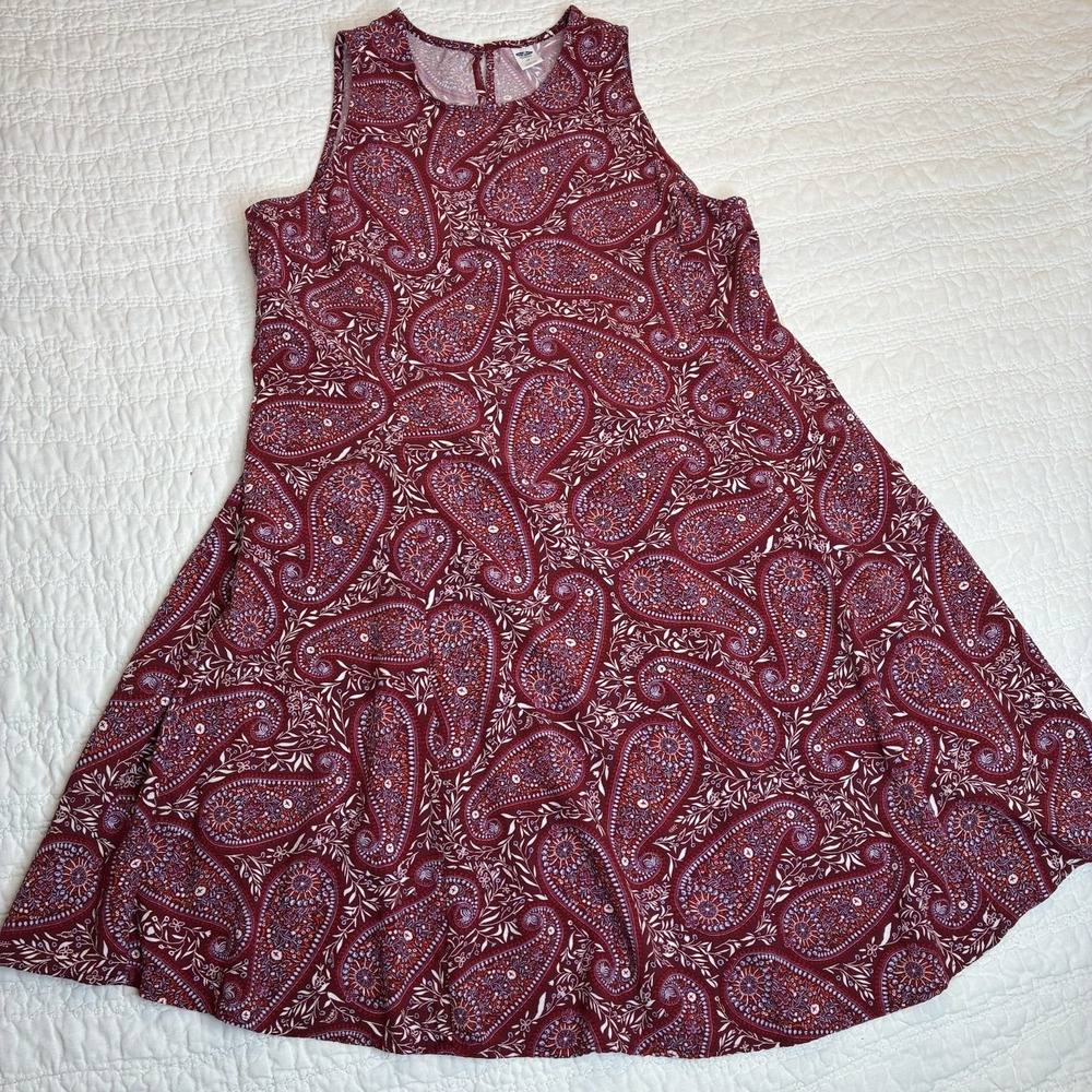 Old Navy Swing Dress Sz M Maroon Paisley Sleeveless Mini Casual Boho Festival